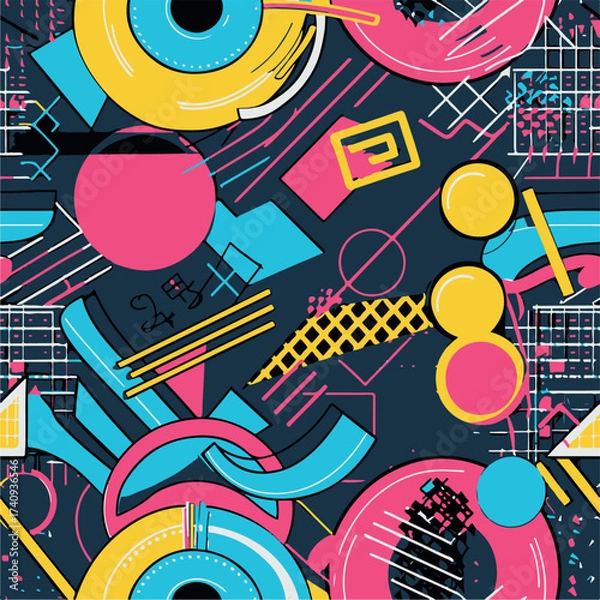 Fototapeta Abstract Geometric Seamless Pattern with Retro Shapes Colorful 80s Memphis Style Background	