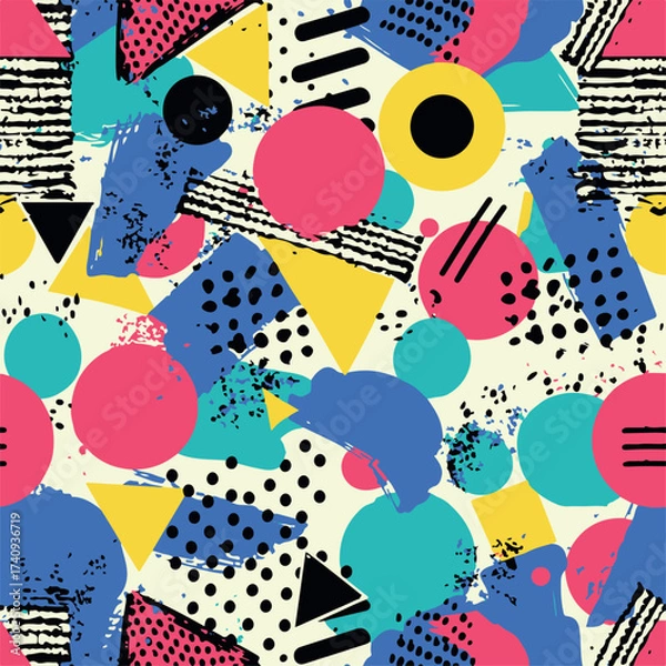 Fototapeta Abstract Geometric Seamless Pattern with Retro Shapes Colorful 80s Memphis Style Background	