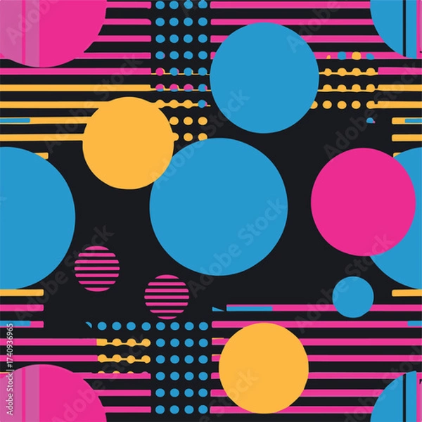 Fototapeta Abstract Geometric Seamless Pattern with Retro Shapes Colorful 80s Memphis Style Background	