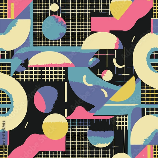 Fototapeta Abstract Geometric Seamless Pattern with Retro Shapes Colorful 80s Memphis Style Background	