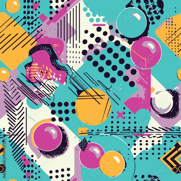 Fototapeta Abstract Geometric Seamless Pattern with Retro Shapes Colorful 80s Memphis Style Background	