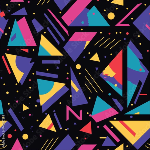 Fototapeta Abstract Geometric Seamless Pattern with Retro Shapes Colorful 80s Memphis Style Background	