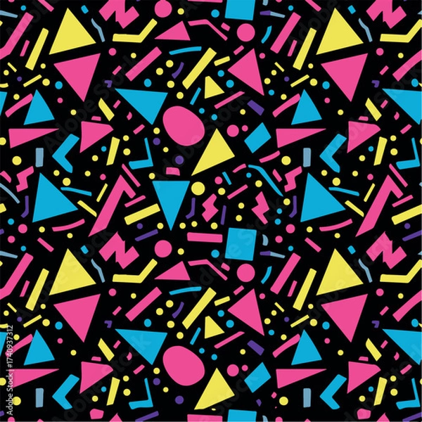 Fototapeta Abstract Geometric Seamless Pattern with Retro Shapes Colorful 80s Memphis Style Background	