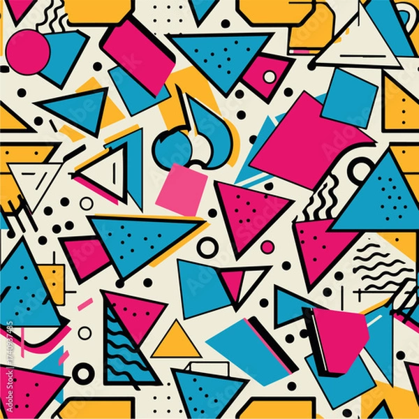 Fototapeta Abstract Geometric Seamless Pattern with Retro Shapes Colorful 80s Memphis Style Background	