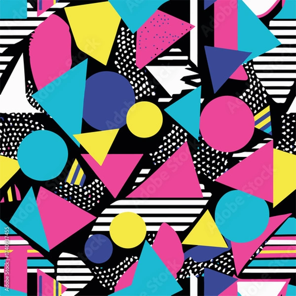 Fototapeta Abstract Geometric Seamless Pattern with Retro Shapes Colorful 80s Memphis Style Background	