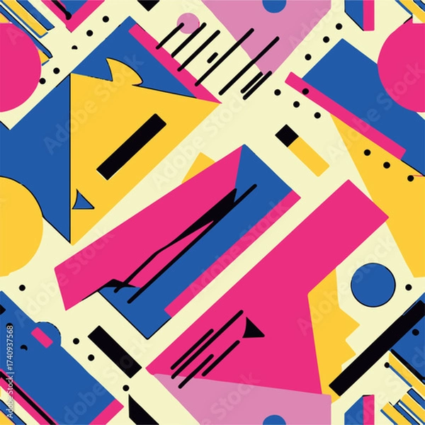 Fototapeta Abstract Geometric Seamless Pattern with Retro Shapes Colorful 80s Memphis Style Background	