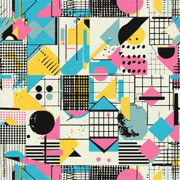 Fototapeta Abstract Geometric Seamless Pattern with Retro Shapes Colorful 80s Memphis Style Background	