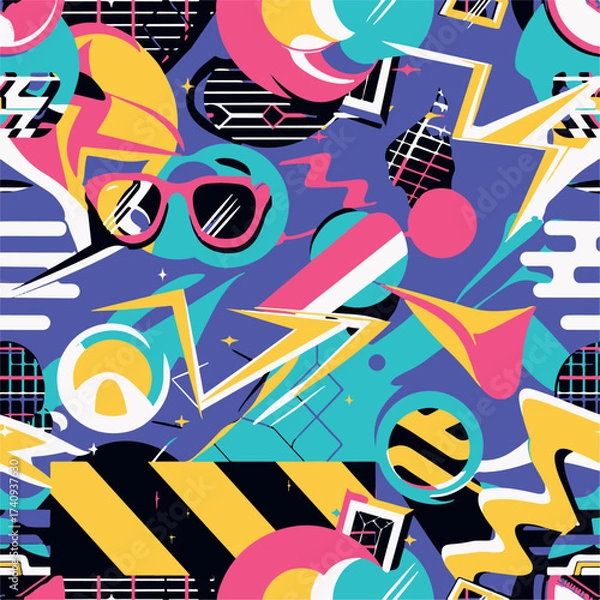 Fototapeta Abstract Geometric Seamless Pattern with Retro Shapes Colorful 80s Memphis Style Background	