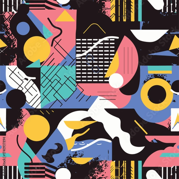 Fototapeta Abstract Geometric Seamless Pattern with Retro Shapes Colorful 80s Memphis Style Background	