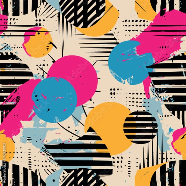 Fototapeta Abstract Geometric Seamless Pattern with Retro Shapes Colorful 80s Memphis Style Background	