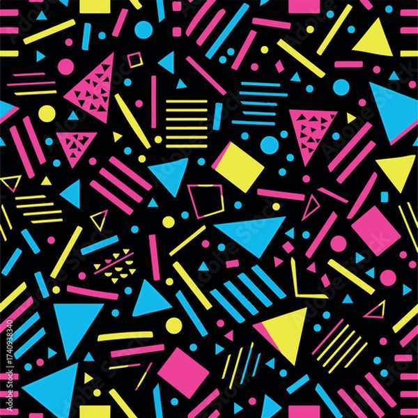 Fototapeta Abstract Geometric Seamless Pattern with Retro Shapes Colorful 80s Memphis Style Background	