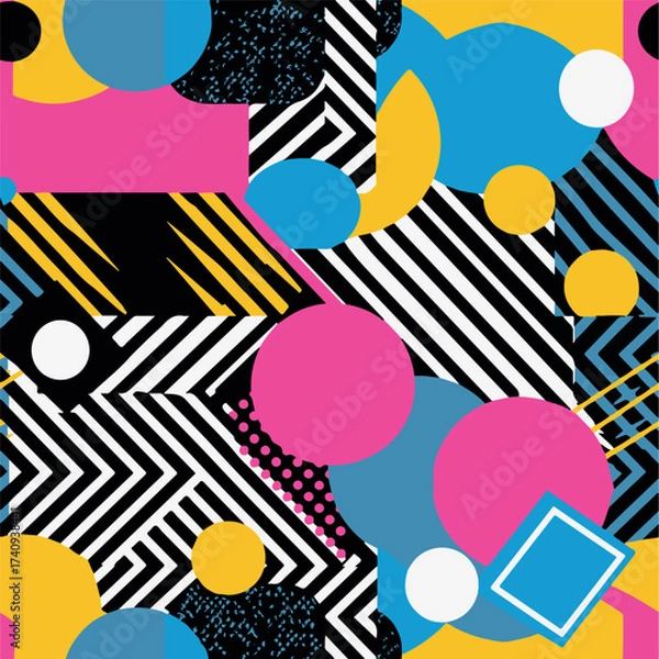 Fototapeta Abstract Geometric Seamless Pattern with Retro Shapes Colorful 80s Memphis Style Background	