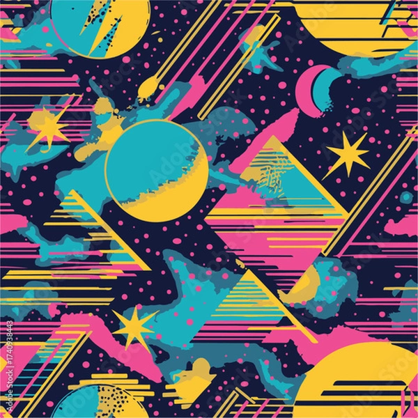 Fototapeta Abstract Geometric Seamless Pattern with Retro Shapes Colorful 80s Memphis Style Background	