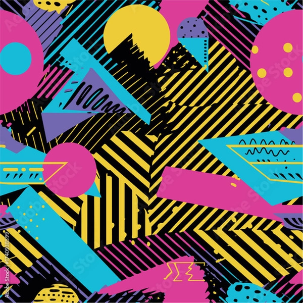 Fototapeta Abstract Geometric Seamless Pattern with Retro Shapes Colorful 80s Memphis Style Background	