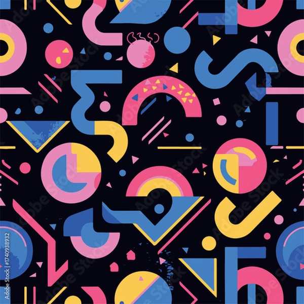 Fototapeta Abstract Geometric Seamless Pattern with Retro Shapes Colorful 80s Memphis Style Background	