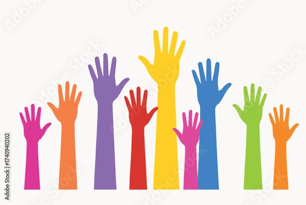 Fototapeta PrintDiverse group of colorful hands raised in the air