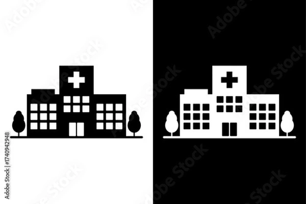 Obraz Hospital Building Stencil Icon. Black and White Vector Symbol Design