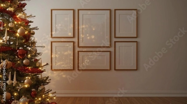 Fototapeta Christmas Frame Mockup with Festive Tree and Sparkling Lights