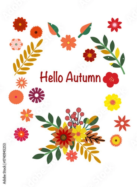 Fototapeta Colorful flat vector illustration with fall foliage, berries, and floral decorations arranged around the text "Hello Autumn". Ideal for seasonal cards, print design, invitations or social media
