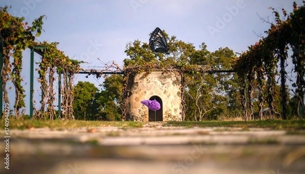 Fototapeta Stone Structure and Butterfly with Overhead Trellis in Nature Setting