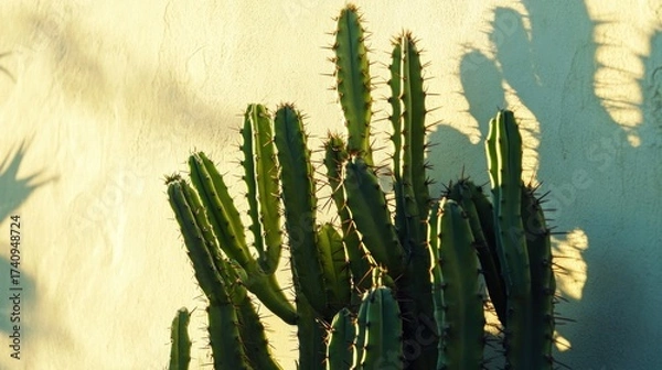 Obraz Cactus plant with spiky textured stems against a light cream-colored wall, sunlit shadows.