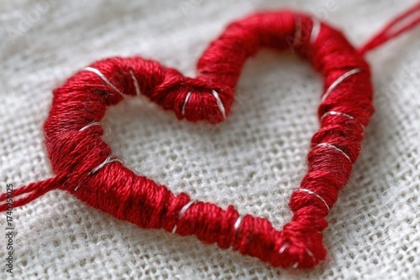 Obraz A close-up view of a handmade red yarn heart, crafted with silver wire.