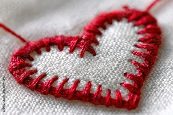 Obraz Close-up of a handmade heart crafted from fabric and red thread, showcasing detailed stitching and texture.