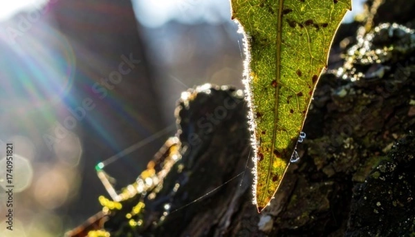 Fototapeta Sunlit Leaf and Spiderweb on Tree Bark Nature Photography