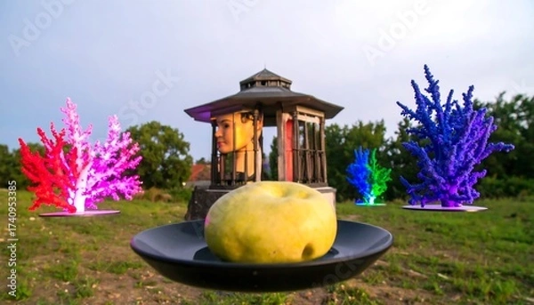 Fototapeta Surreal Scene with Apple, Gazebo, and Illuminated Structures Outdoors