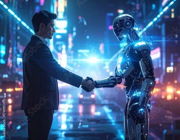 Fototapeta Human shaking hands with AI robot in cyberpunk city