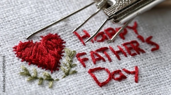 Obraz Close-up of a needlework project, featuring "Happy Father's Day" embroidered in red, with a red heart and green leaves.