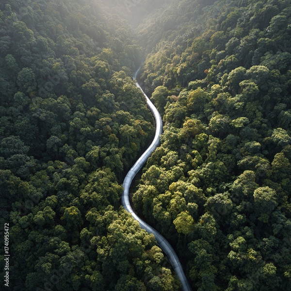 Fototapeta Aerial shot of a winding road cutting through dense green forest. Symbolizes journeys, paths, and natures beauty. Great for travel, adventure, or environmental themes. Serene and peaceful.