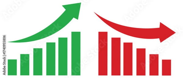 Fototapeta  Growth up and down vector icon set. Stock market trend increase and decrease sign. Upward or downward  bar chart, profit and loss statistics. Chart with increase, decrease. Vector illustration.