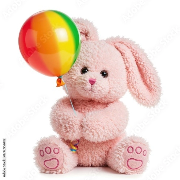 Fototapeta Soft Pink Bunny Holding Colorful Balloon Sitting on White Background