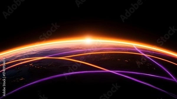 Obraz The image depicts a stylized view of planet Earth from space, illuminated by a bright, orange sun on the horizon and overlaid with glowing orange and purple lines.
