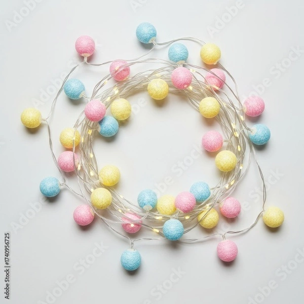 Fototapeta Pastel Ball String Lights on White Background - Pink, Blue, Yellow
