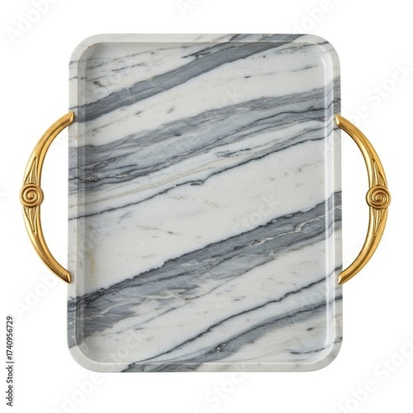 Fototapeta Elegant Marble Tray with Gold Handles Isolated on White Background