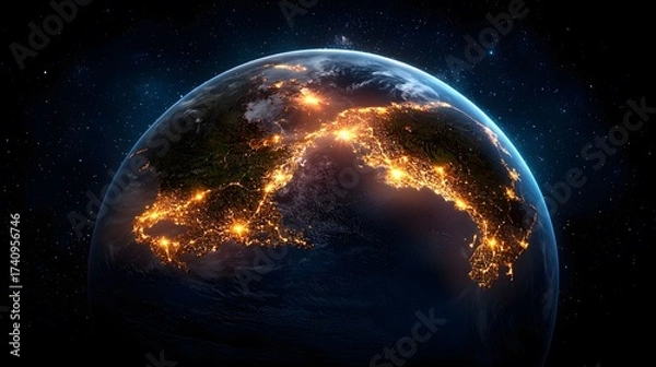 Obraz The image shows a view of Earth at night from space, with city lights illuminating the continents and stars visible in the background, creating a stunning and dramatic scene.