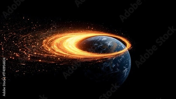 Obraz An image of a planet, possibly Earth, surrounded by a vibrant, fiery ring or trail of energy that emits a golden glow against a stark black background, evoking space and cosmic wonder.