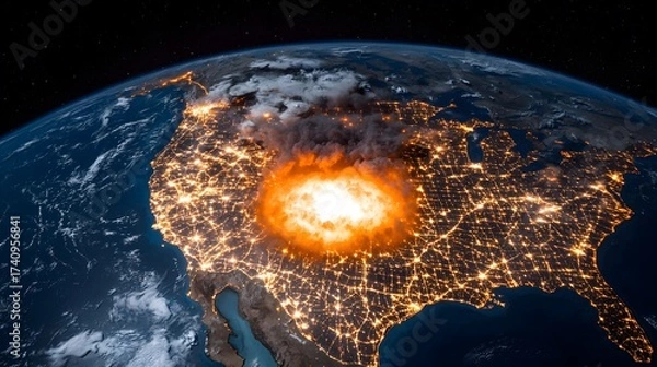 Obraz The image presents a view of Earth from space, with a focus on the United States at night, illuminated by city lights, and a fiery explosion centered in what appears to be the Midwest.