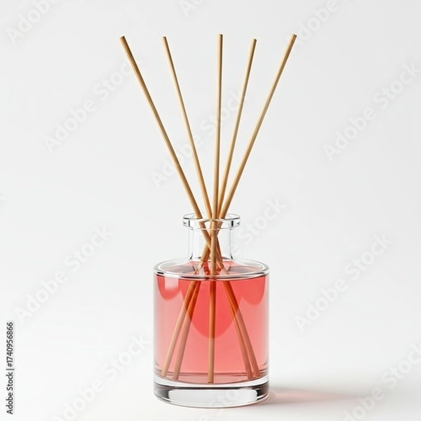 Fototapeta Elegant Reed Diffuser with Pink Liquid and Wooden Sticks on White Background
