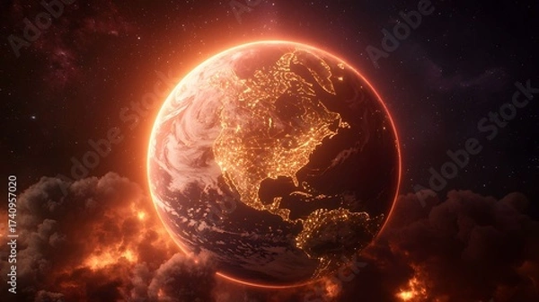 Obraz An image displaying Earth with a fiery glow against a cosmic background, showing city lights and a nebulous surrounding, conveying themes of global energy.