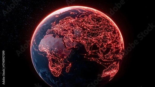 Obraz A mesmerizing view of Earth is presented, with continents illuminated by a network of glowing red lines, suggesting connections on a dark, cosmic backdrop.