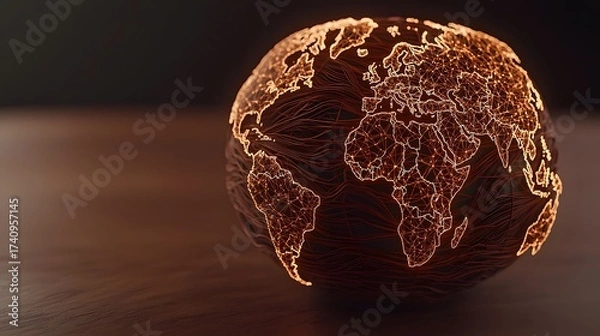Obraz The image displays a stylized globe made of interconnected golden lines, showcasing continents outlined in a bright, digital fashion on a dark background.