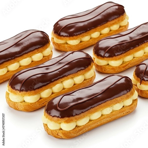 Fototapeta Delicious Eclairs with Chocolate Icing and Cream Filling on White Background