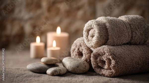 Fototapeta Cozy Spa Atmosphere with Rolled Towels, Smooth Stones, and Soft Candlelight for Relaxation and Wellness Retreats