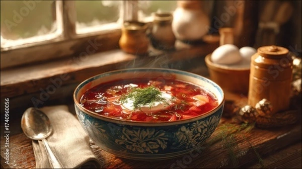 Fototapeta Traditional borscht soup with sour cream and fresh dill in rustic ceramic bowl on wooden table with authentic ingredients