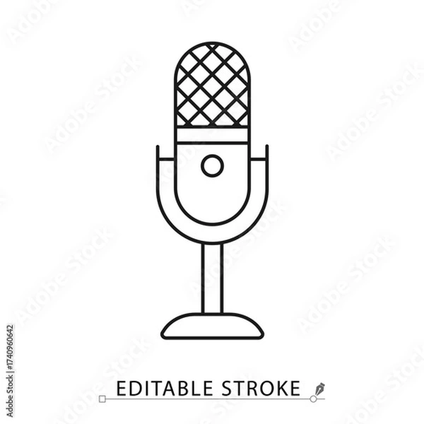 Fototapeta A vintage microphone icon in a minimalist line style with editable stroke. Radio broadcast equipment, sound recording, studio mic, podcast audio device, interview voice, retro music.