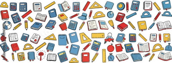 Fototapeta A colorful assortment of school supplies and learning tools in a whimsical design.
