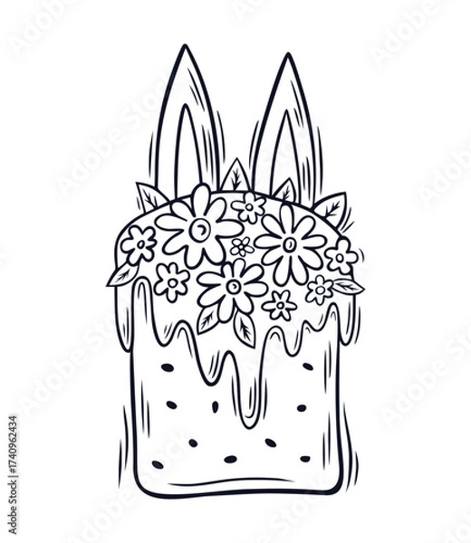 Fototapeta Easter cake with white icing, decorated with flowers and leaves. Traditional Easter baking. Element for poster, flyer, postcard, cover, advertising design. Vector illustration in doodle style